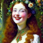 Smiling girl with red hair and floral wreath in lush garden portrait