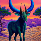 Majestic mythical creature with long horns in fantasy landscape