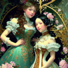 Vintage ornate dresses: Two women with floral decorations, mirror reflection.