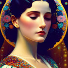 Vibrant digital artwork of a woman with golden halo & Art Nouveau style