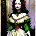 Illustrated woman with pale skin and black hair in off-the-shoulder gown with flowers on vintage