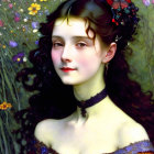 Young woman portrait with dark hair, flowers, butterfly, colorful dress, and floral backdrop