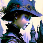 Fantasy Artwork: Girl with Elfin Features and Ornate Flower Hat in Castle Setting