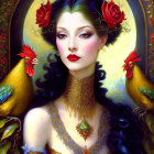 Illustrated woman with green hair, red roses, and red roosters on golden ornate backdrop