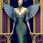 Illustration of woman with butterfly wings in Art Nouveau dress on purple backdrop