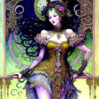 Colorful artwork: woman with purple hair and ornate dress, butterfly in circular motif