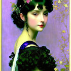 Illustrated portrait of woman with black hair, floral adornments, black dress, blue sash,