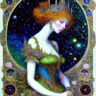 Illustration: Red-haired woman in ornate dress with cosmic backdrop in Art Nouveau style