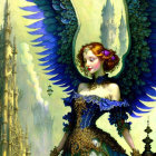 Woman with Blue & Yellow Wings in Regal Dress at Fantasy Castle