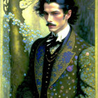 Stylized portrait of a man in vintage suit with floral patterns