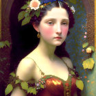 Portrait of woman with pale skin, red lips, large eyes, gold and orange dress with leaf accents