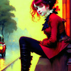 Illustration of woman with red hair in Victorian outfit at twilight