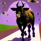 Surreal illustration: large bull with bee shadows on body, bees flying, vivid purple sky