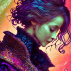 Colorful digital artwork: Woman with curly hair in ornate clothing against nebula background