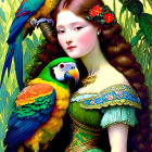 Digital artwork: Woman in green dress with parrots