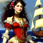 Portrait of woman in red dress with gold jewelry against blue sky and sailing ship