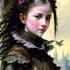 Detailed painting of pensive girl in green dress with floral hair accessories and castle backdrop