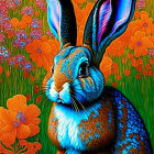 Colorful Rabbit with Large Ears in Orange Flower Field