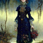 Victorian woman in blue dress in mystical forest with flowers