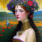 Woman portrait with floral crown, ornate dress, heron, and flower field