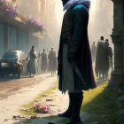 Plague Doctor Character in Historical Street with Modern Elements