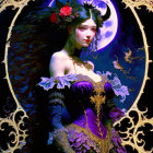 Elaborately dressed woman portrait against moon backdrop