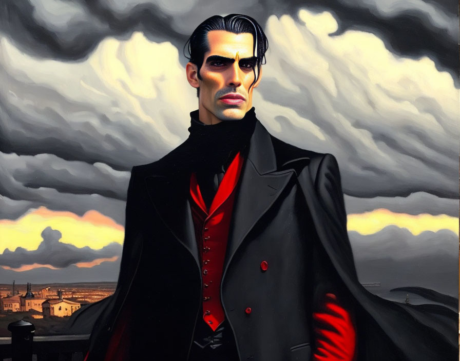 Illustration of stern man in black coat against cloudy sky