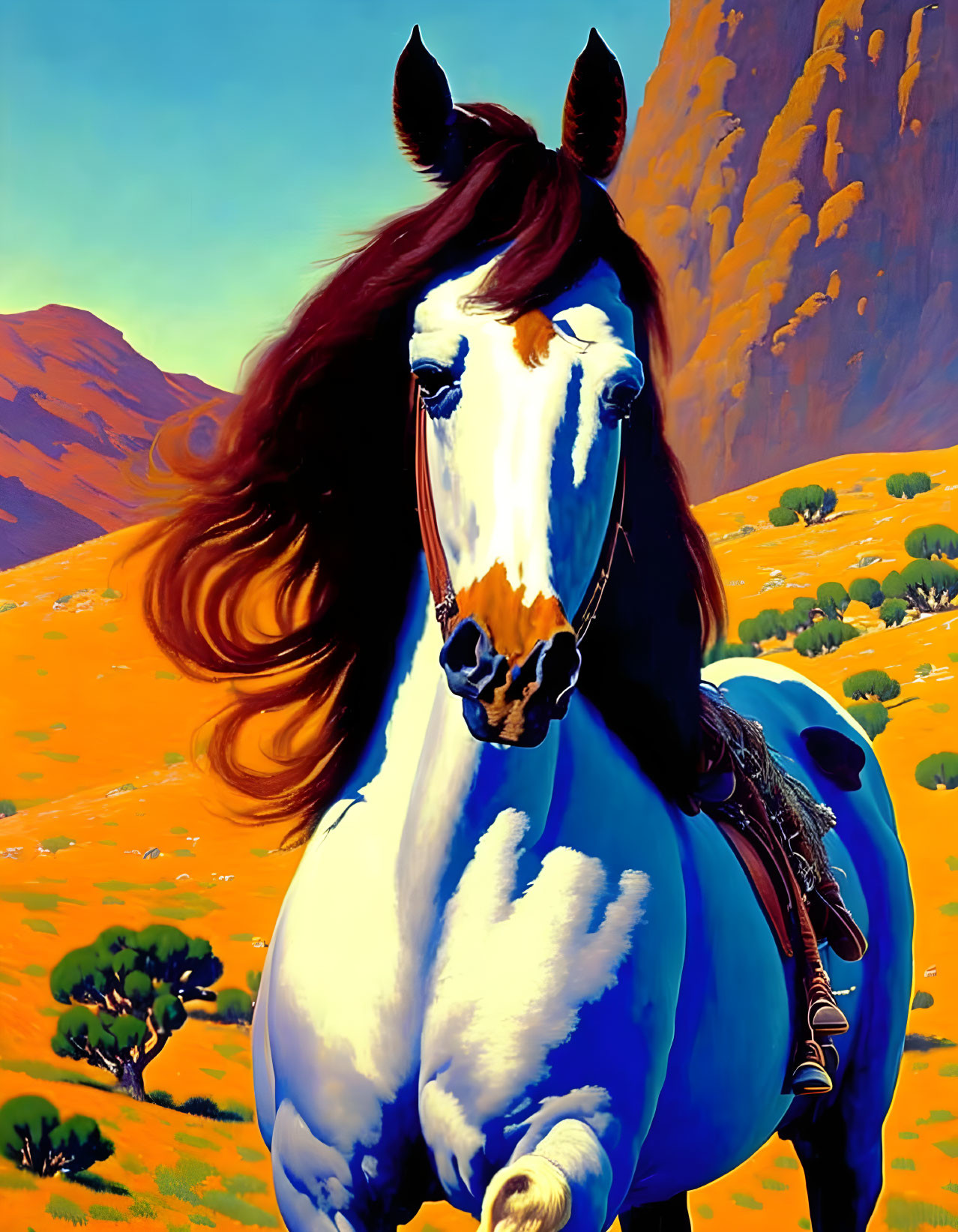 Colorful horse illustration in golden fields and blue sky