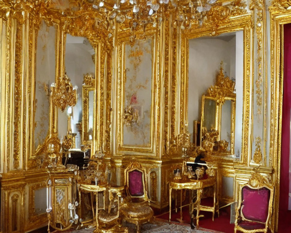 Luxurious Room with Golden Walls, Crystal Chandelier, & Red Upholstered Furniture