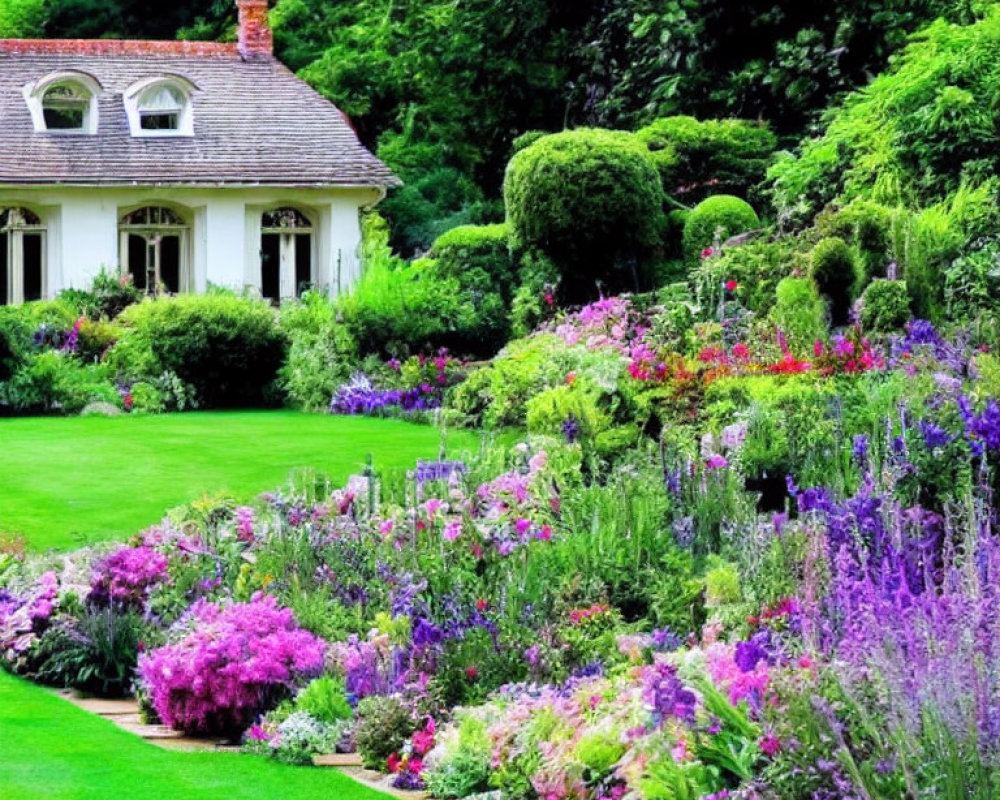 Vibrant flower garden and manicured lawn in front of white house