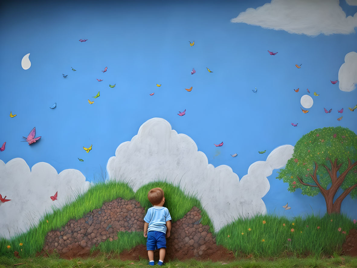 Child admires colorful mural with paper boats, butterflies, tree, and clouds