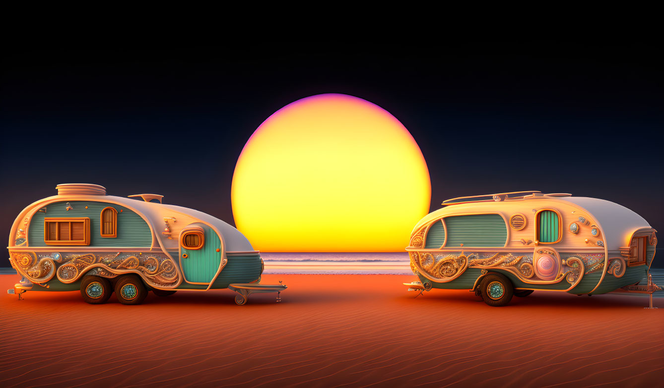 Retro-styled trailers on beach at sunset with large sun on horizon