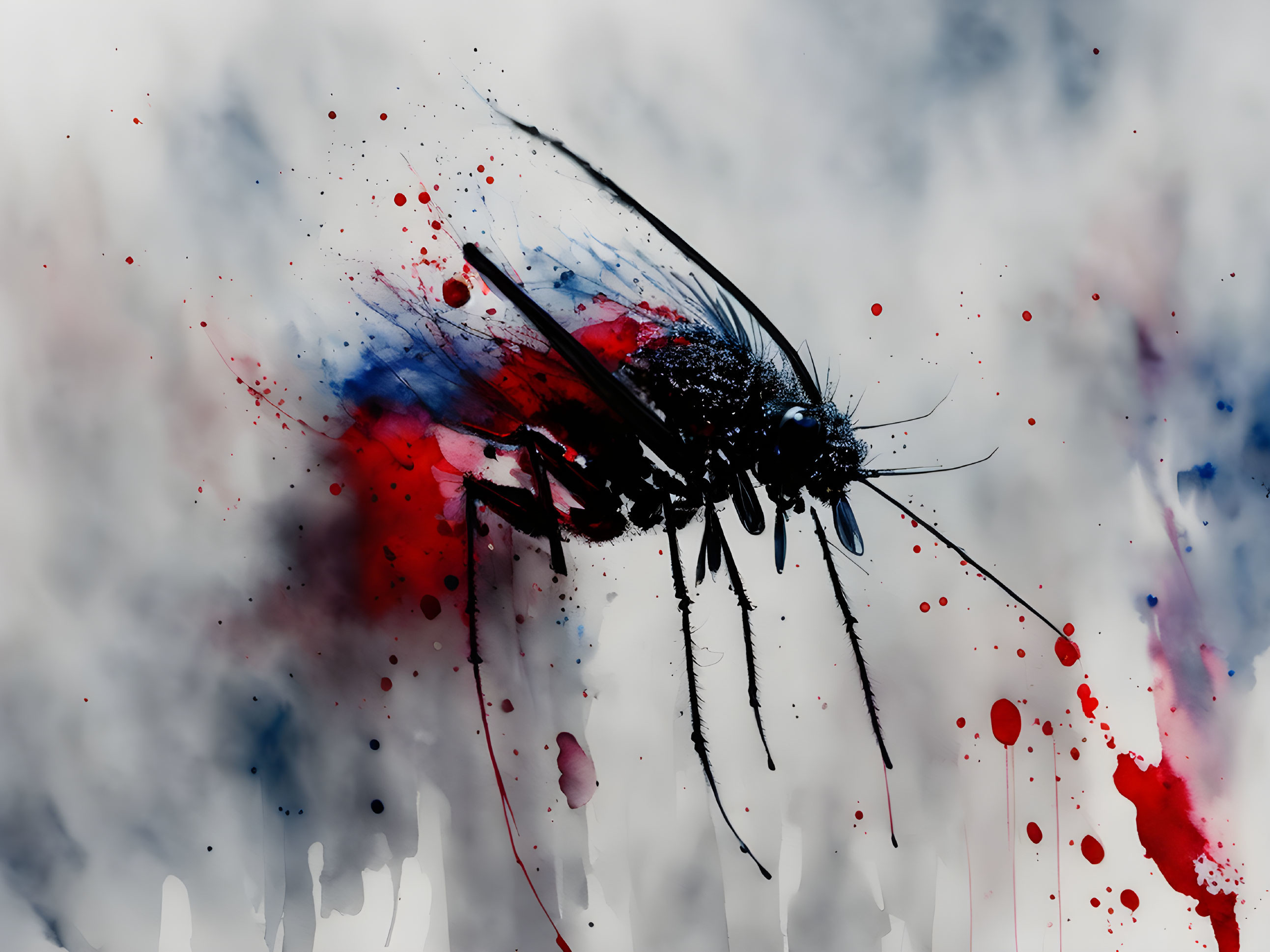 Stylized mosquito graphic with red and blue ink splatters on gray background