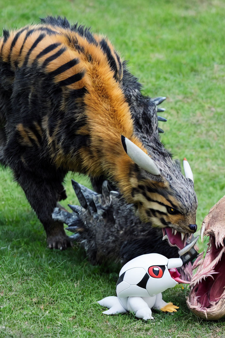 Realistic model of striped fantasy creature with fangs near small bird figurine