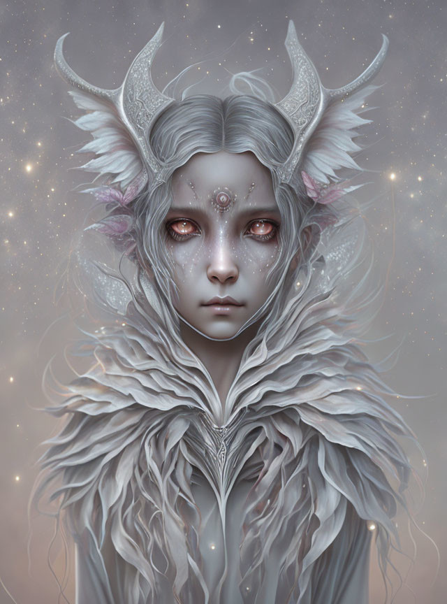 Ethereal creature with silver horns and red eyes in starry setting