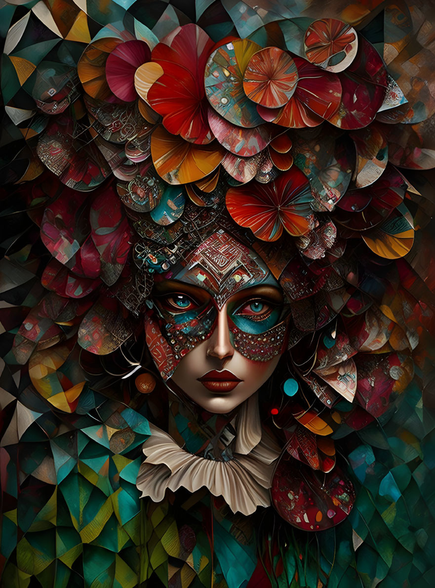 Colorful digital artwork: Woman with intricate geometric floral headgear & mosaic background