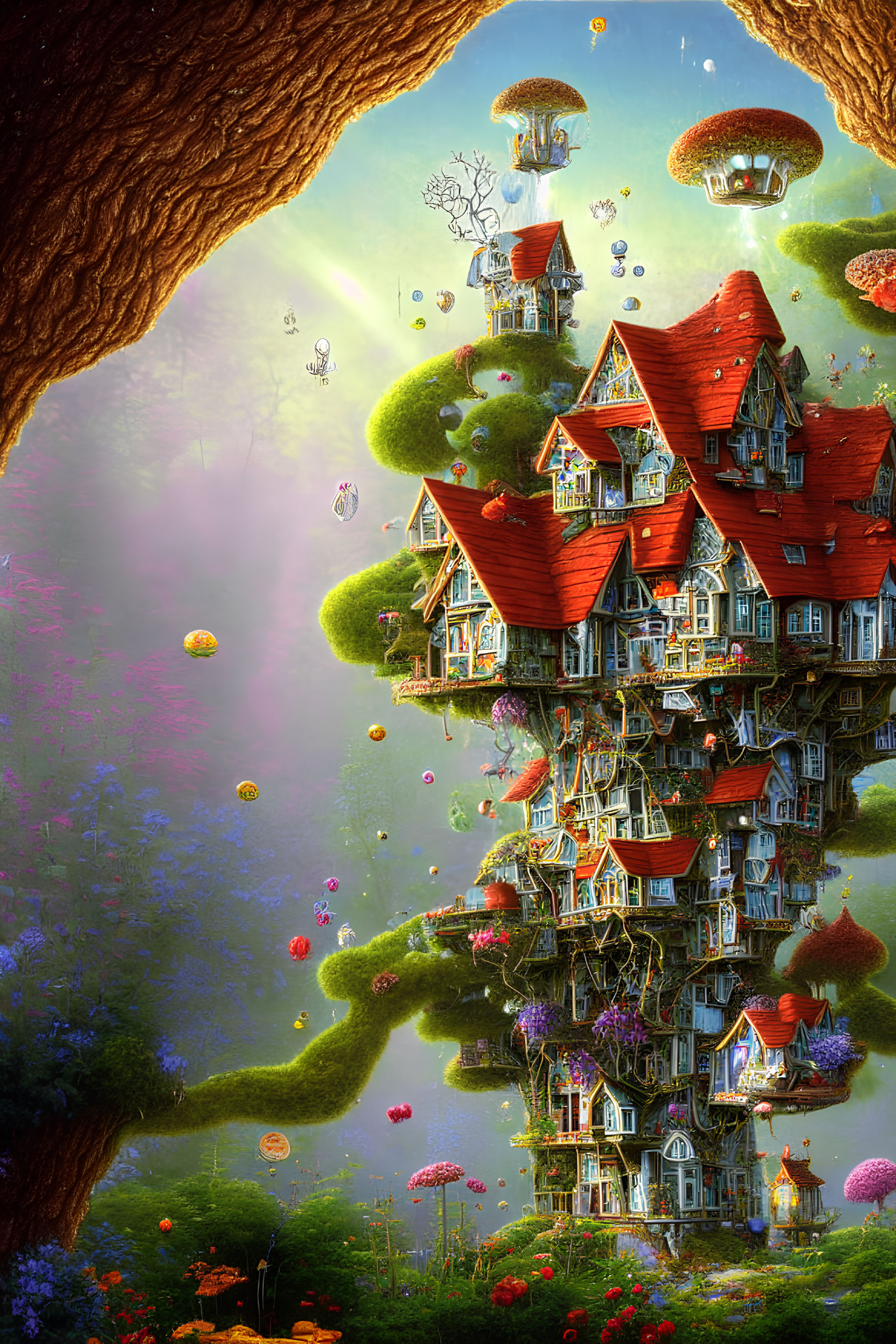 Whimsical tree with vibrant houses and floating islands