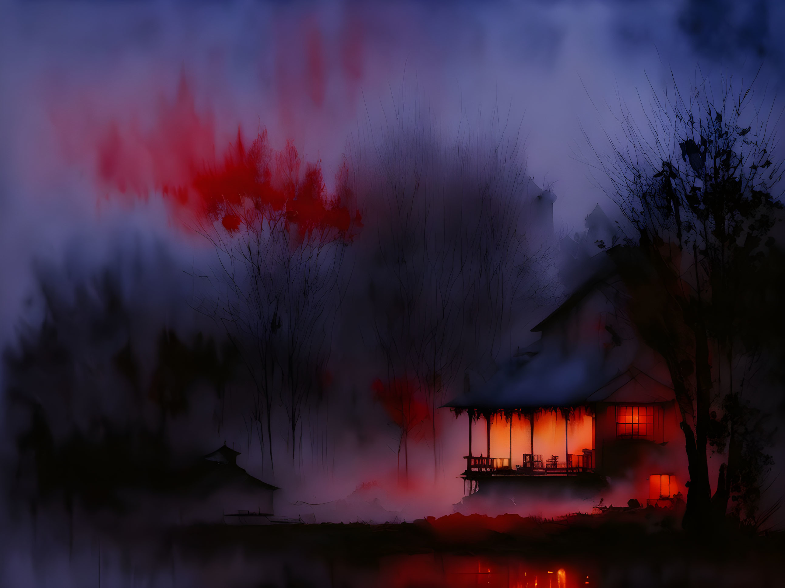 Traditional house with red lanterns near misty lake and silhouetted trees