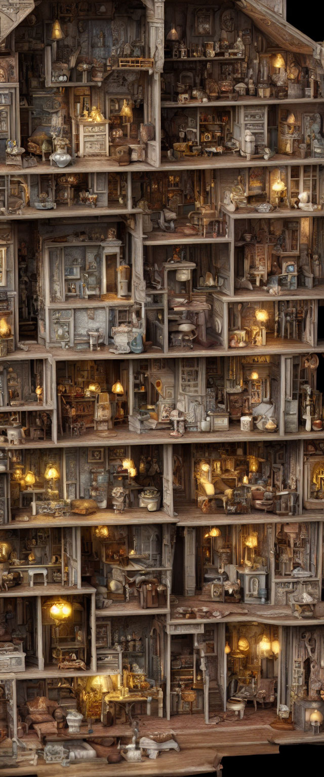 Detailed Cross-Section of Multi-Story Fantasy Dollhouse with Intricate Rooms