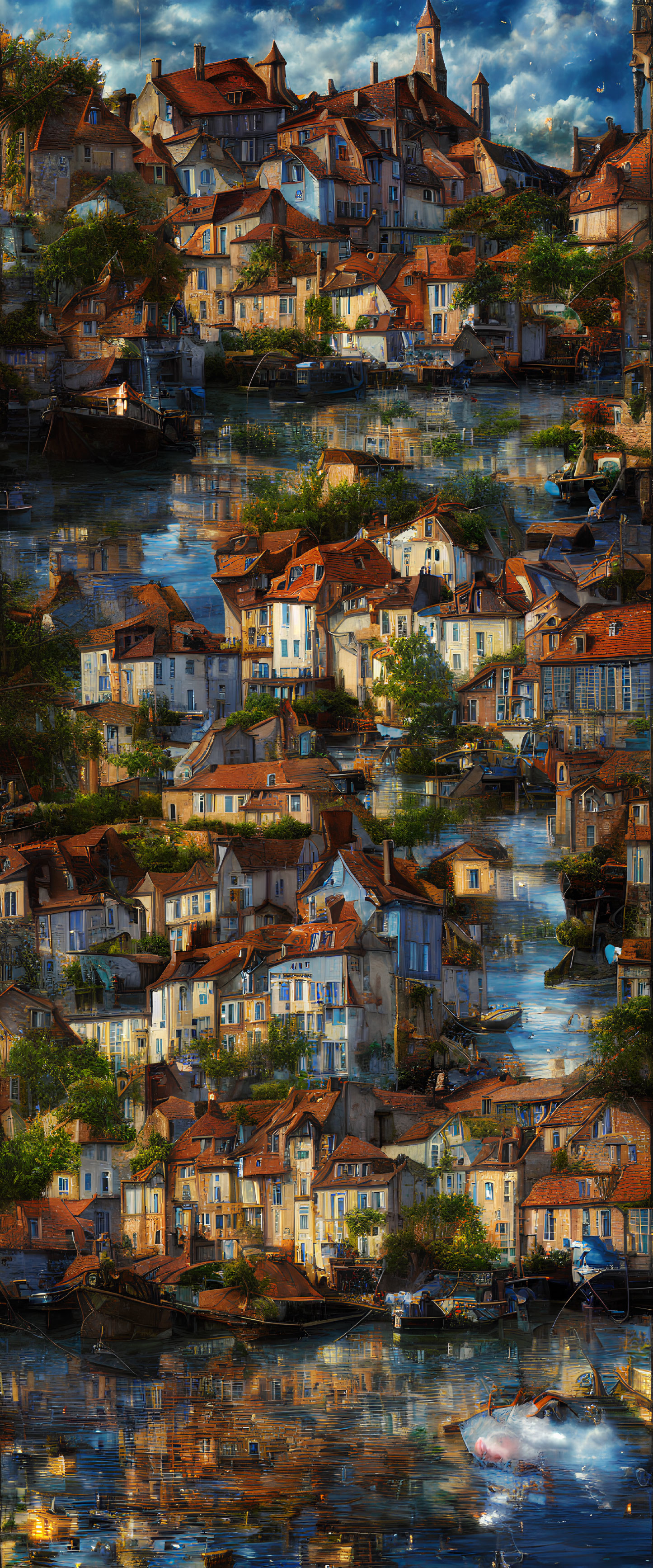 Riverside village scene with rustic houses, reflections, and boats