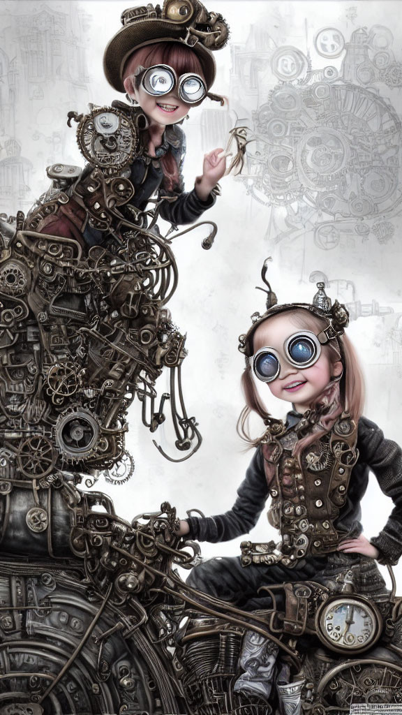 Children in steampunk attire with goggles and mechanical devices showcase whimsical retro-futurism.