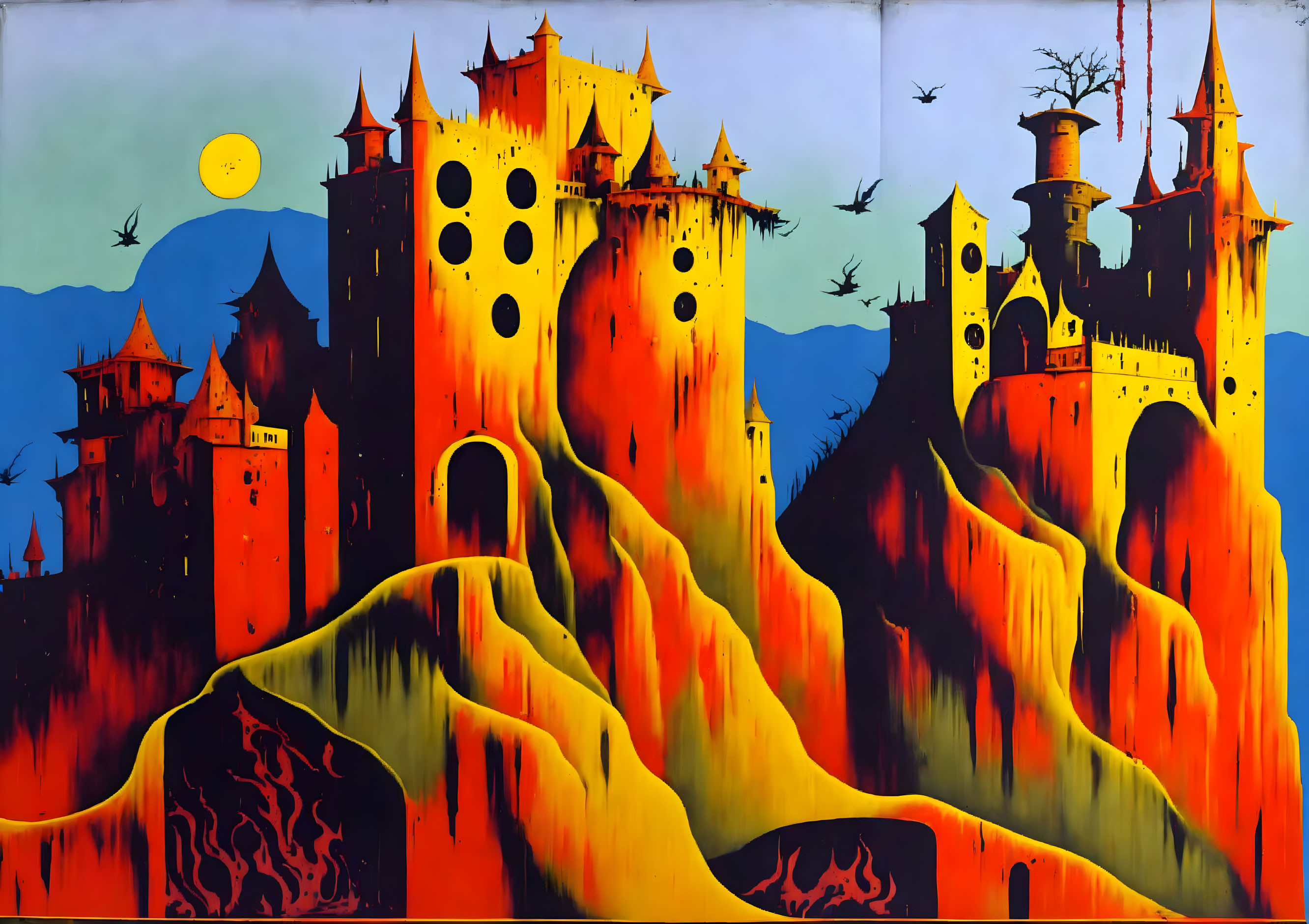 Fantastical castle mural with lava, birds, and sun