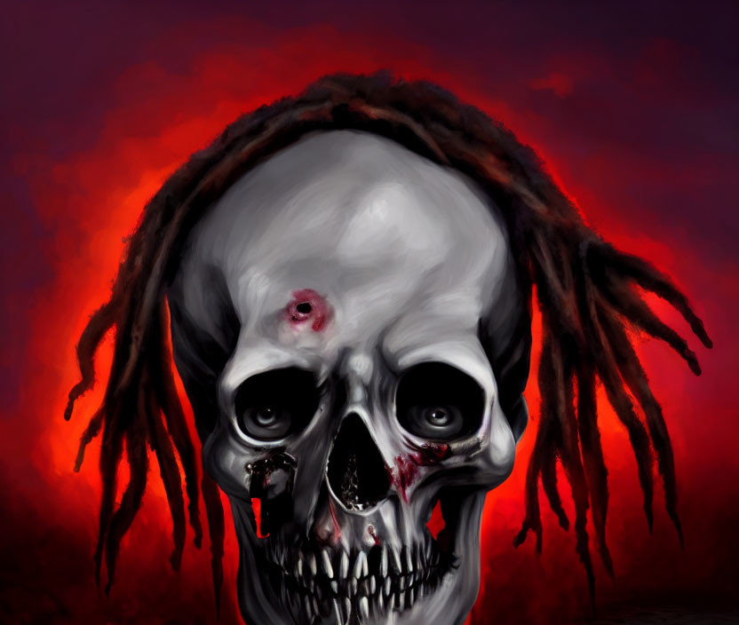 Digital painting of skull with dreadlocks, bullet hole, and blood on red background