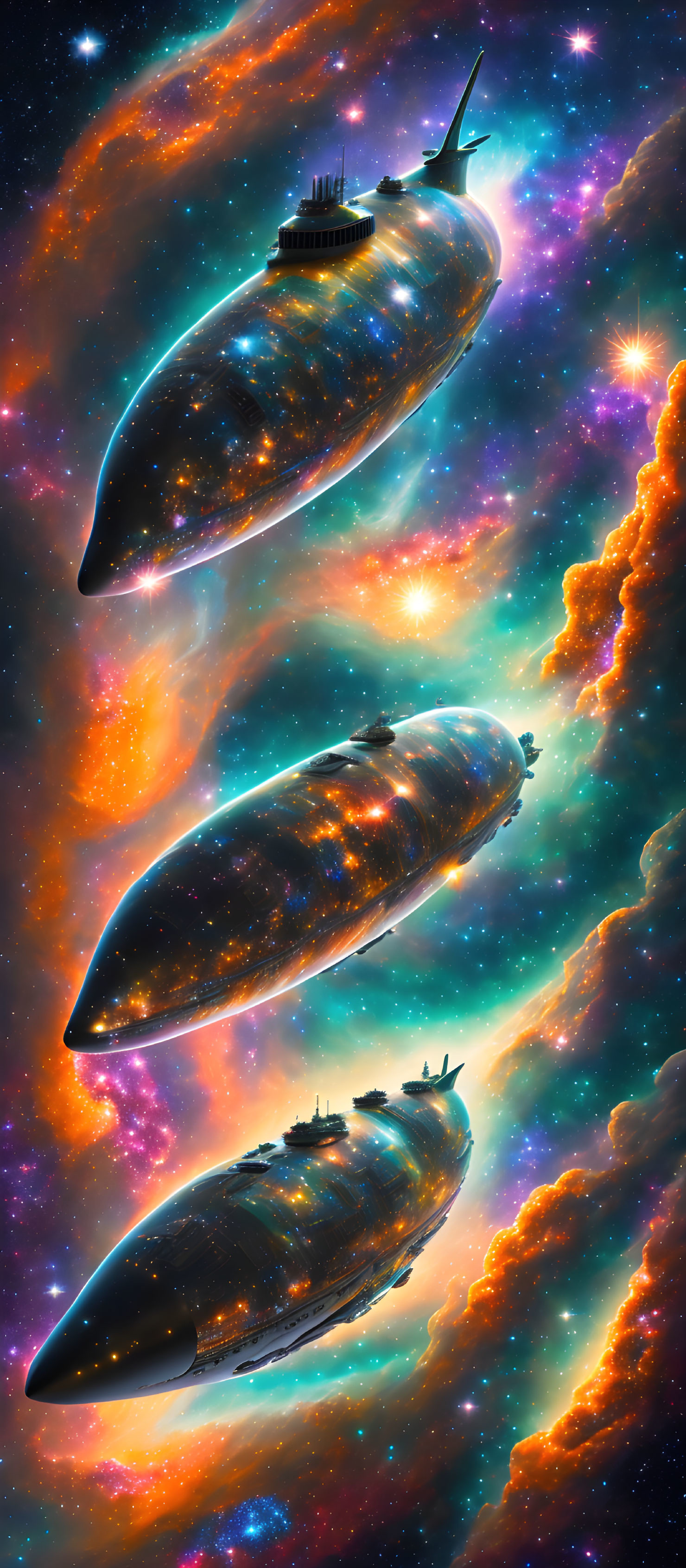 Three futuristic spaceships with cityscapes on top in vibrant cosmic nebula.