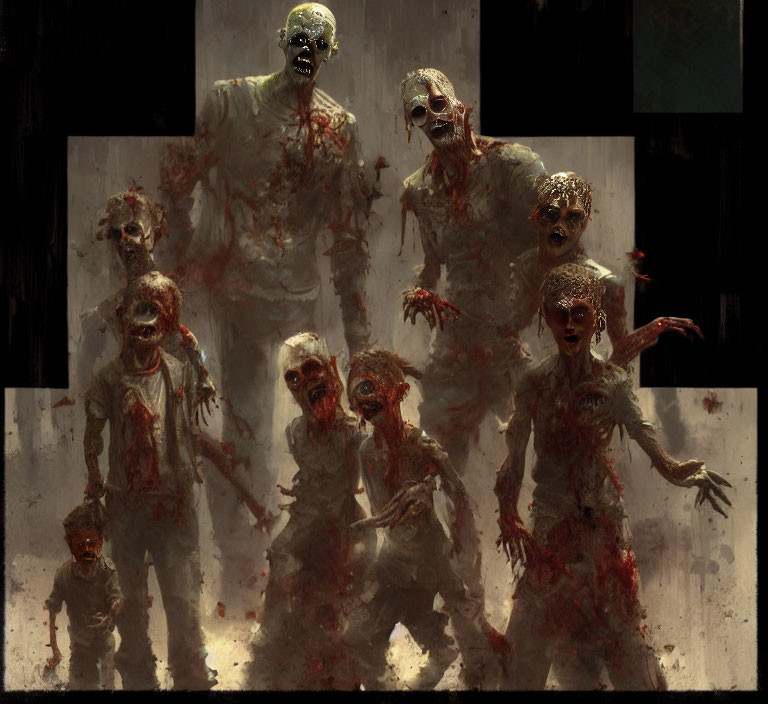 Horde of bloody zombies in menacing pose