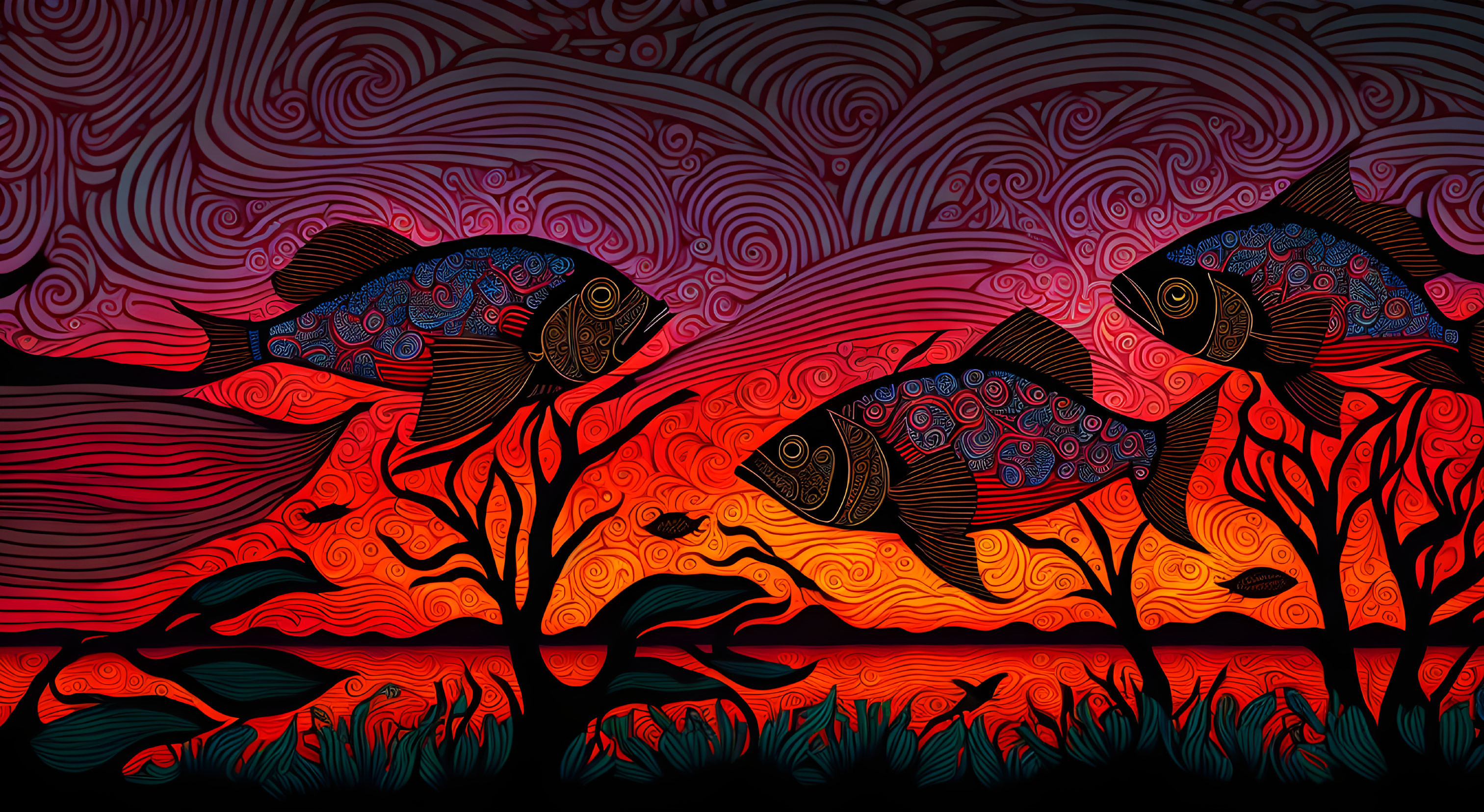 Vibrant Fish Illustration Swimming Over Coral Reefs