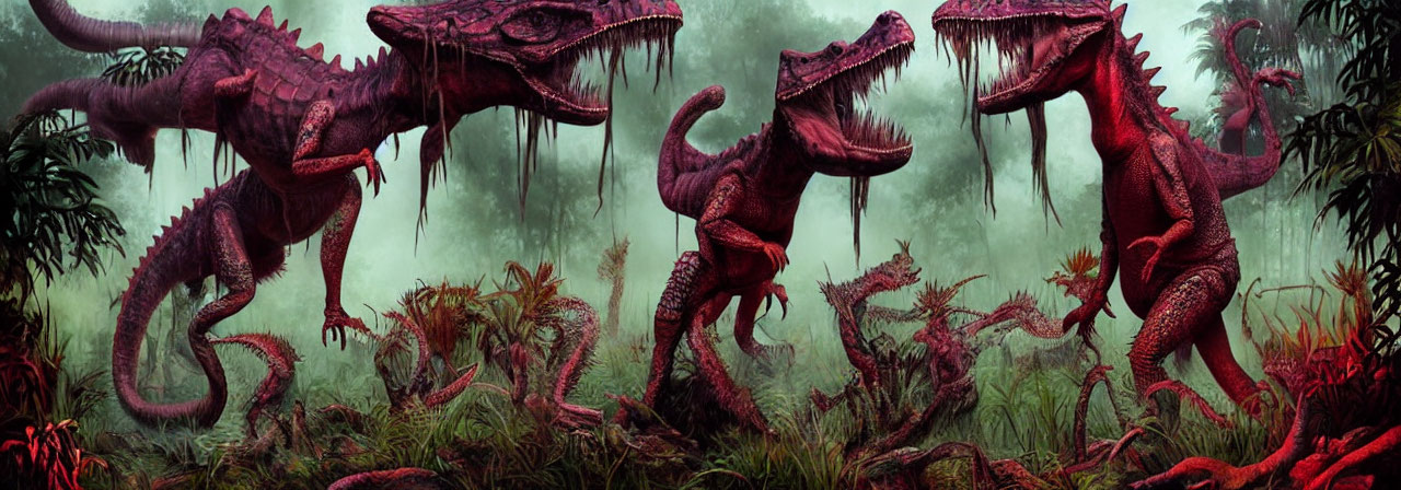 Red dinosaurs with sharp teeth in prehistoric jungle setting