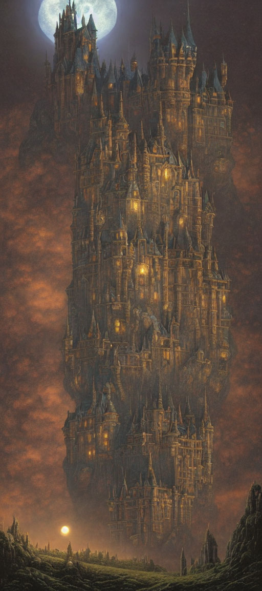 Fantastical floating castle in moonlit sky