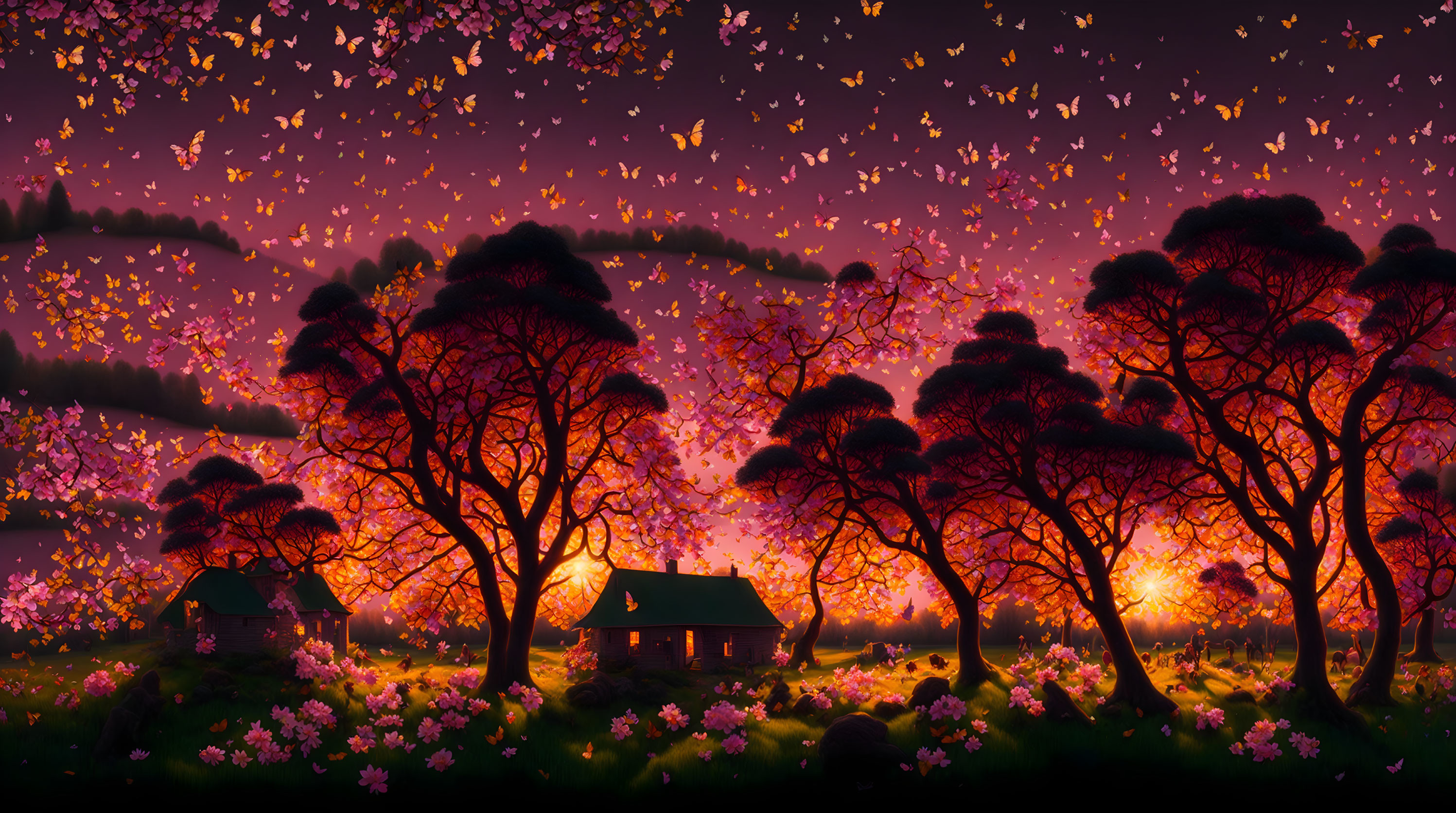 Vibrant cherry blossoms in fantastical sunset landscape