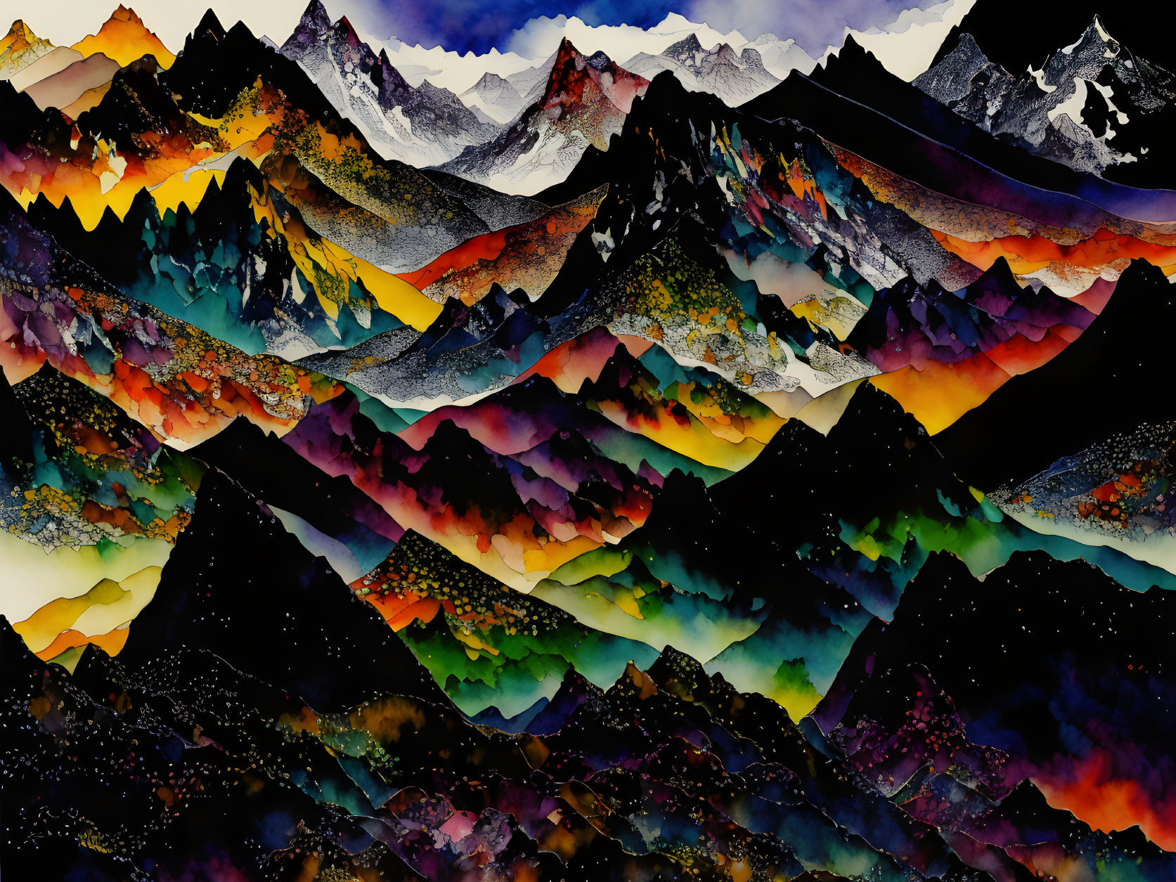 Colorful Abstract Painting of Mountain Ranges in Vivid Landscape